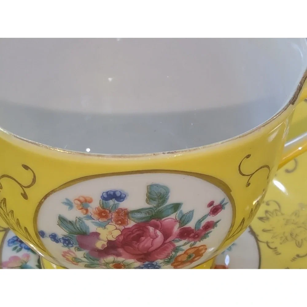 Vintage Tea Cup and Saucer Set OS Yellow Floral Gold Gilt Japan Porcelain